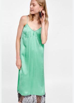 Платье , миди, zara, в бельевом стиле, с кружевом