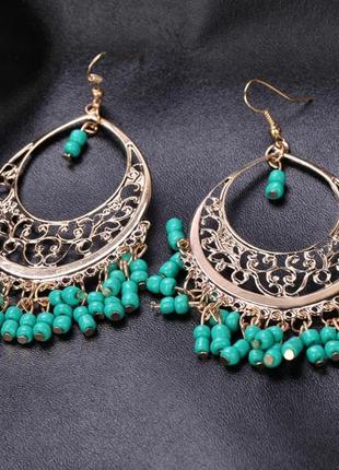 Серьги длинный восточные узоры с бирюзой