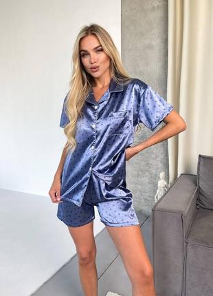 ❤️ шикарна жіноча піжама в сердечка шовк армані армани шелк шовкова женская пижама піжамка синя7 фото