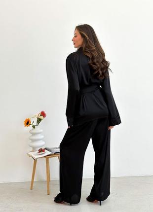 🎨 черный, беж! шикарный женский шелковый костюм черный, бархатистый, шуршащий ёлк шелк брючный кимоно, коттон, брюки4 фото
