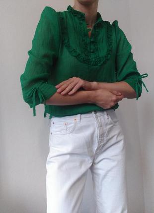 Прозрачная блуза жатка рубашка зеленая блузка хлопок зеленая рубашка с рюшами воланами натуральная блуза3 фото