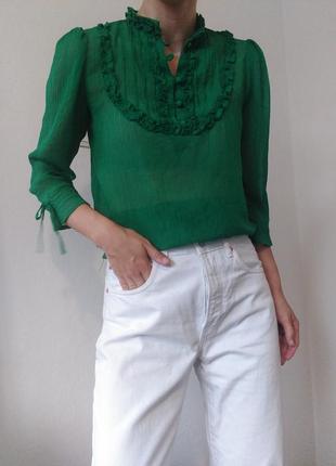 Прозрачная блуза жатка рубашка зеленая блузка хлопок зеленая рубашка с рюшами воланами натуральная блуза2 фото