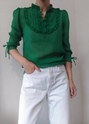 Прозрачная блуза жатка рубашка зеленая блузка хлопок зеленая рубашка с рюшами воланами натуральная блуза4 фото