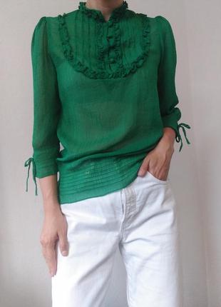 Прозрачная блуза жатка рубашка зеленая блузка хлопок зеленая рубашка с рюшами воланами натуральная блуза6 фото