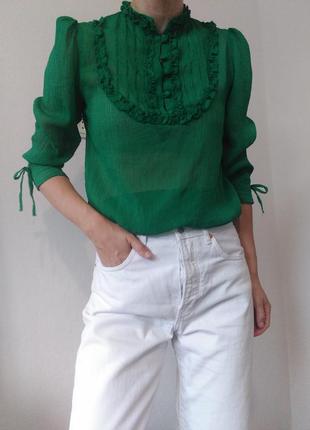 Прозрачная блуза жатка рубашка зеленая блузка хлопок зеленая рубашка с рюшами воланами натуральная блуза5 фото