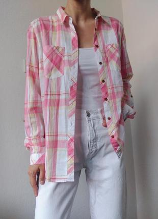 Розовая рубашка хлопок рубашка в клетку m&amp;s хлопковая блузка клетка рубашка коттон блуза оверсайз рубашка клетчатая2 фото