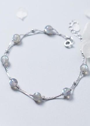 Браслет срібний з місячним натуральним каменем, браслет з двох ланцюжків з кульками зі срібла 925 проби, 16+4