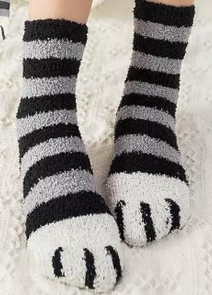 Теплые махровые носки кошачьи лапки полосатые тёмно-серые one size