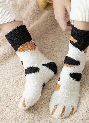 Теплые махровые носки кошачьи лапки пятнистые трёхцветные one size