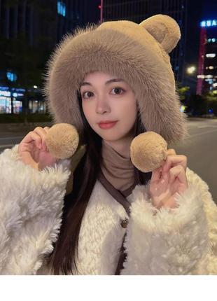 Шапка взрослая меховая с медвежьими ушками коричневая one size