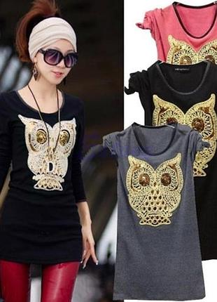 Лонгслив с плетёной совой чёрный m