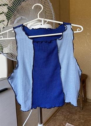 Милый летний, майка, нарядный, голубой топик, майка в стиле петчворк, с необработанным краем, майка, топик, топ, синий