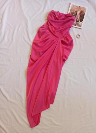 Шикарное розовое платье миди с корсетом и вырезом на ноге/со сборкой/с драпировкой/сатиновое6 фото
