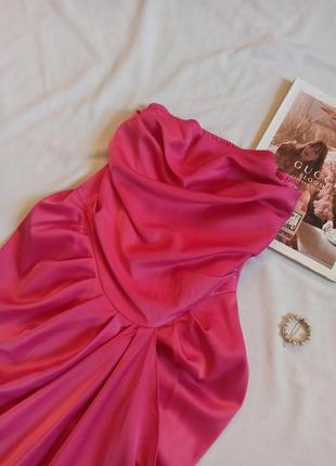 Шикарное розовое платье миди с корсетом и вырезом на ноге/со сборкой/с драпировкой/сатиновое7 фото