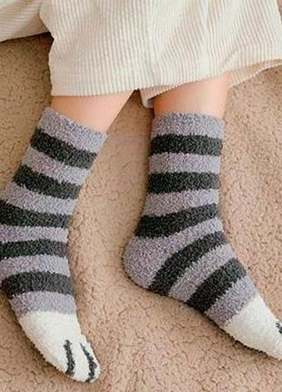 Теплі махрові шкарпетки котячі лапки смугасті сірі one size
