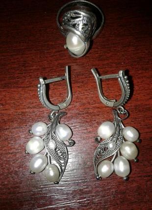 Набір сережки і перстень з перлами.2 фото