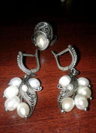 Набір сережки і перстень з перлами.4 фото
