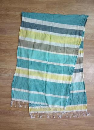 Стильний, легкий, широкий, смугастий шарф-палантин з китицями6 фото