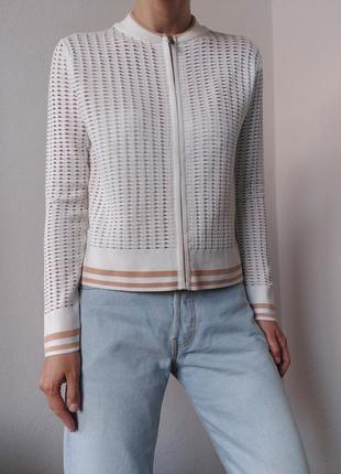Білий кардиган віскоза кардиган з перфорацією зіп кофта біла джемпер пуловер реглан лонгслів кофта перфорація