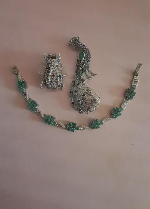 Серебрянные эксклюзивные брошки с изумрудным браслетом в наборе8 фото
