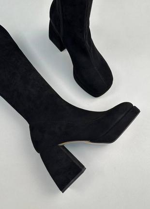 Стильные черные женские ботфорты на высоком каблуке, стрейч,каблук,осенни,весенние,деме,женская обувь6 фото