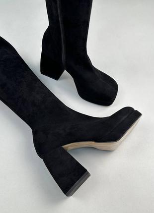 Стильные черные женские ботфорты на высоком каблуке, стрейч,каблук,осенни,весенние,деме,женская обувь8 фото