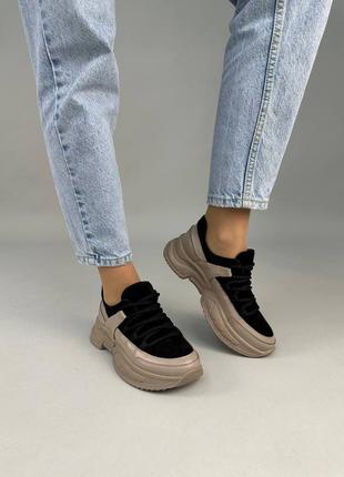 Стильные черно-бежевые кроссовки женские весенние-осенни, демисезон, кожаные/кожа-женская обувь9 фото