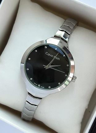 Серебристые женские наручные часы с черным циферблатом, тоненький браслет