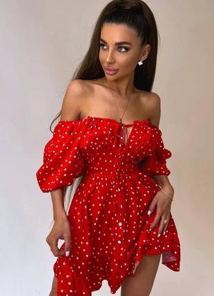 Міні сукня софт в горошок червоного кольору ❤️1 фото
