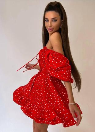 Міні сукня софт в горошок червоного кольору ❤️3 фото