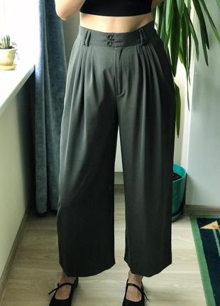Винтажные брюки палаццо кюлоты на высокой талии серо-зеленые вінтажні вільні брюки4 фото