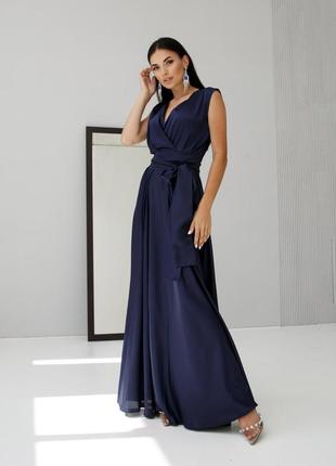 Платье макси женское длинное, в пол, без рукавов, вечернее, коктейльное, нарядное, темно синее5 фото