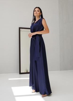 Платье макси женское длинное, в пол, без рукавов, вечернее, коктейльное, нарядное, темно синее1 фото