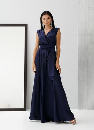 Платье макси женское длинное, в пол, без рукавов, вечернее, коктейльное, нарядное, темно синее4 фото