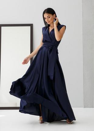 Платье макси женское длинное, в пол, без рукавов, вечернее, коктейльное, нарядное, темно синее3 фото