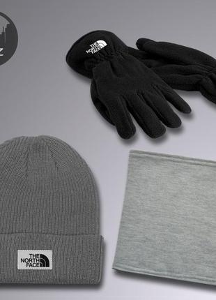 Комплект шапка + перчатки + баф the north face до -25*с серый | комплект зимний мужской женский