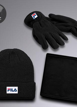 Комплект шапка + перчатки + баф fila gloves до -25*с черный | комплект зимний мужской женский фила