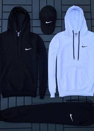 Костюм найк nike худи с капюшоном с карманом кенгуру футболка свободная брюки на манжетах комплект черный белый мужской натуральный