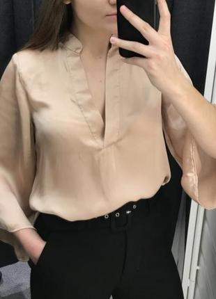 Сатинова атласна блузка ✨zara✨ блуза з V-подібним вирізом кремова блуза оверсайз5 фото