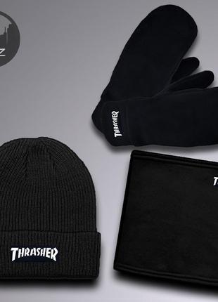 Комплект зимовий шапка + баф + рукавиці (рукавички) thrasher до -25 * с сірий | комплект чоловічий жіночий теплий2 фото