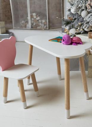 Білий столик хмарка і стільчик ведмедик дитячий рожевий. білосніжний дитячий столик