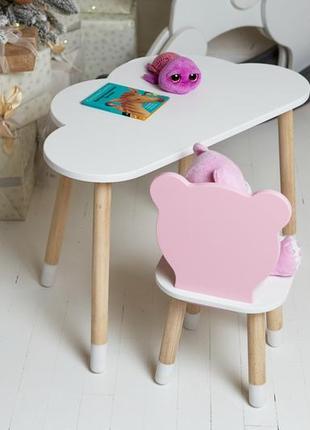 Белый столик тучка и стульчик мишка детский розовый. белоснежный детский столик6 фото