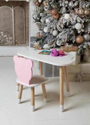 Белый столик тучка и стульчик мишка детский розовый. белоснежный детский столик2 фото