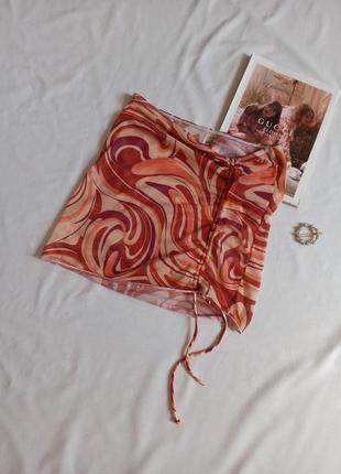 Пляжная юбка сеточка в абстрактный принт с затяжкой/со сборкой