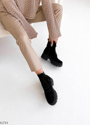 Черные натуральные замшевые демисезонные деми осенние ботинки на шнурках шнуровке толстой высокой подошве платформе замша осень5 фото