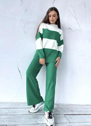 Костюм свитер-туника + штаны палаццо зеленый+белый