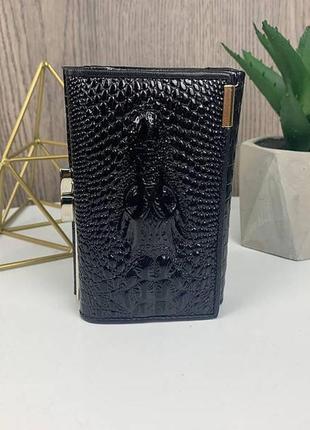 Женский кожаный кошелек крокодил мини клатч портмоне с крокодилом из натуральной кожи черн...