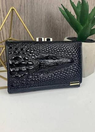 Жіночий шкіряний гаманець крокодил міні клатч портмоне з крокодилом із натуральної шкіри чорний