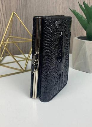 Женский кожаный кошелек крокодил мини клатч портмоне с крокодилом из натуральной кожи черн...