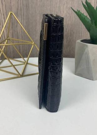 Женский кожаный кошелек крокодил мини клатч портмоне с крокодилом из натуральной кожи черн...